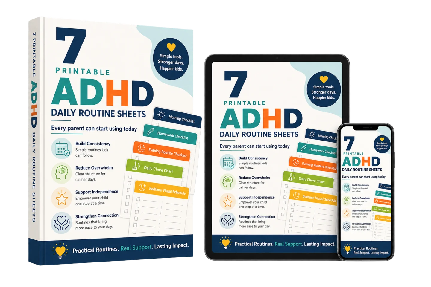 7 Printable ADHD Daily Routine Sheets – book, tablet and mobile mockup