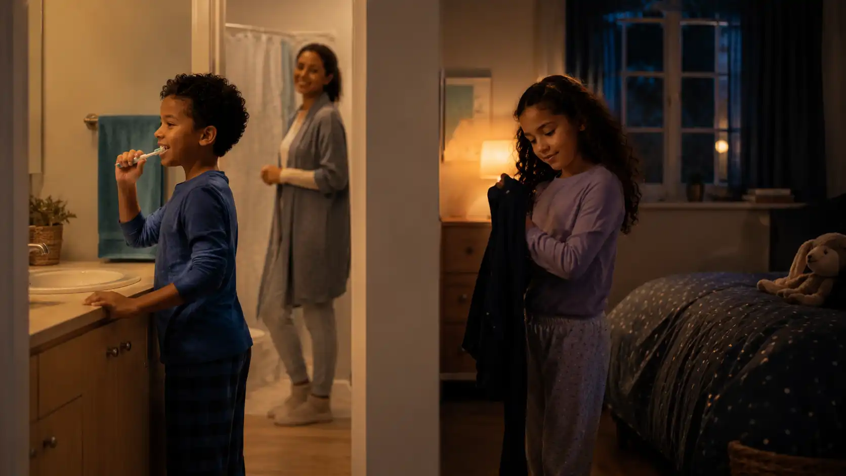 Two children with ADHD moving through evening routine steps in cozy home setting