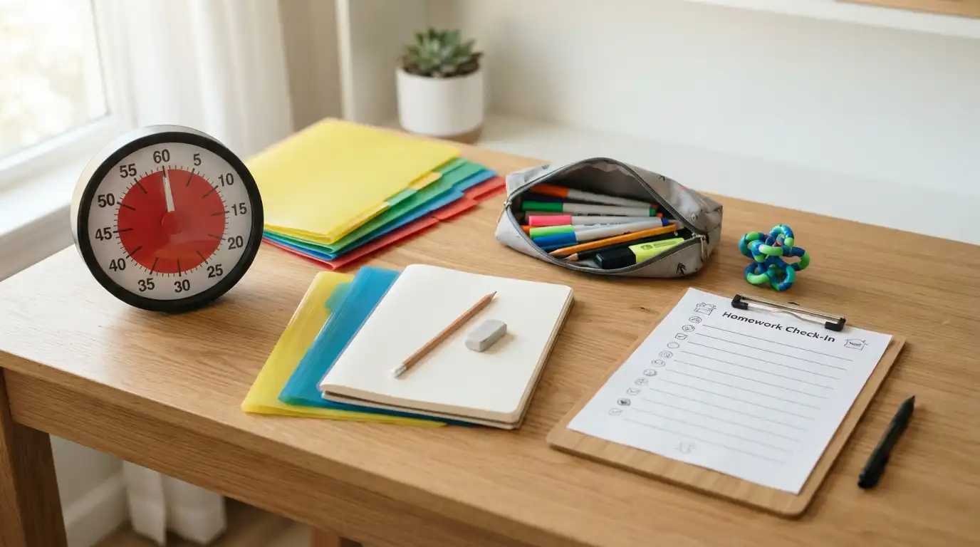 homework-tips-ADHD-kids-desk-setup Organized child's desk with timer, colorful folders, and pencil case for homework tips ADHD kids