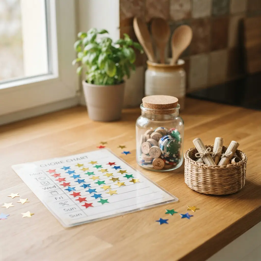 Colorful sticker reward chart and glass token jar on a bright kitchen counter for ADHD chore chart rewards