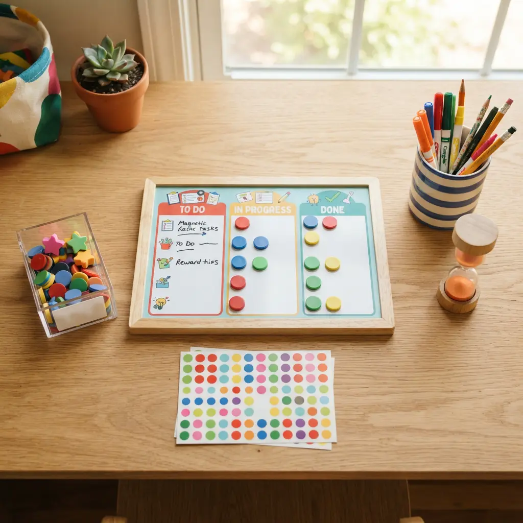 Magnetic reward progress board with colorful coins and sticker sheets on a child's wooden desk for ADHD chore chart rewards