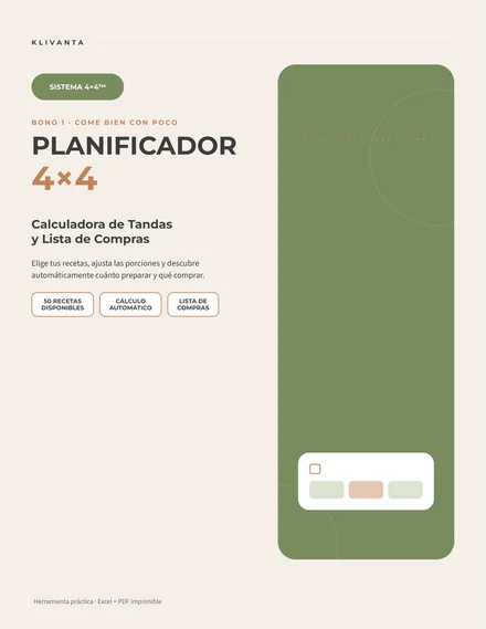 Portada del Planificador 4×4 — Calculadora de Tandas y Lista de Compras
