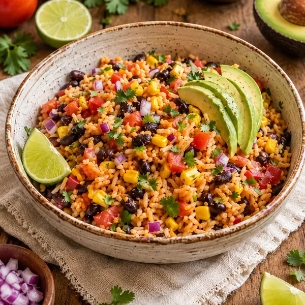 Arroz mexicano con frijoles y maíz, receta del Sistema 4×4: arroz, frijoles, maíz, tomate, cebolla morada y limón