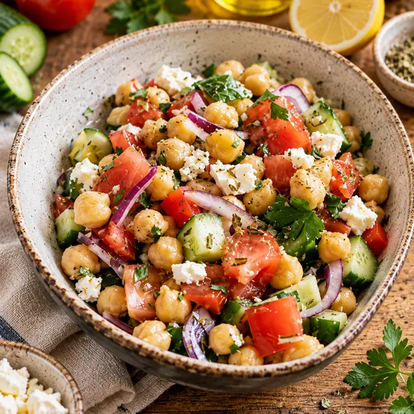 Ensalada mediterránea de garbanzos, receta del Sistema 4×4: garbanzos, tomate, pepino, cebolla morada y queso fresco