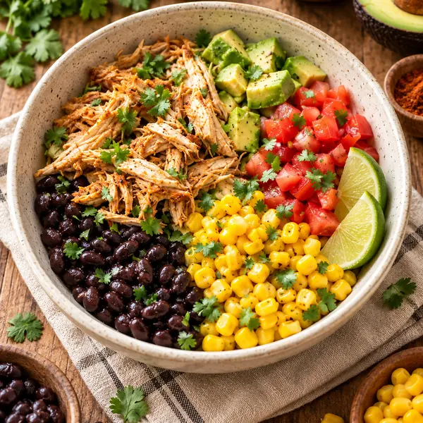 Bowl mexicano de pollo, receta del Sistema 4×4: pollo desmenuzado, frijoles, maíz, tomate, aguacate y limón
