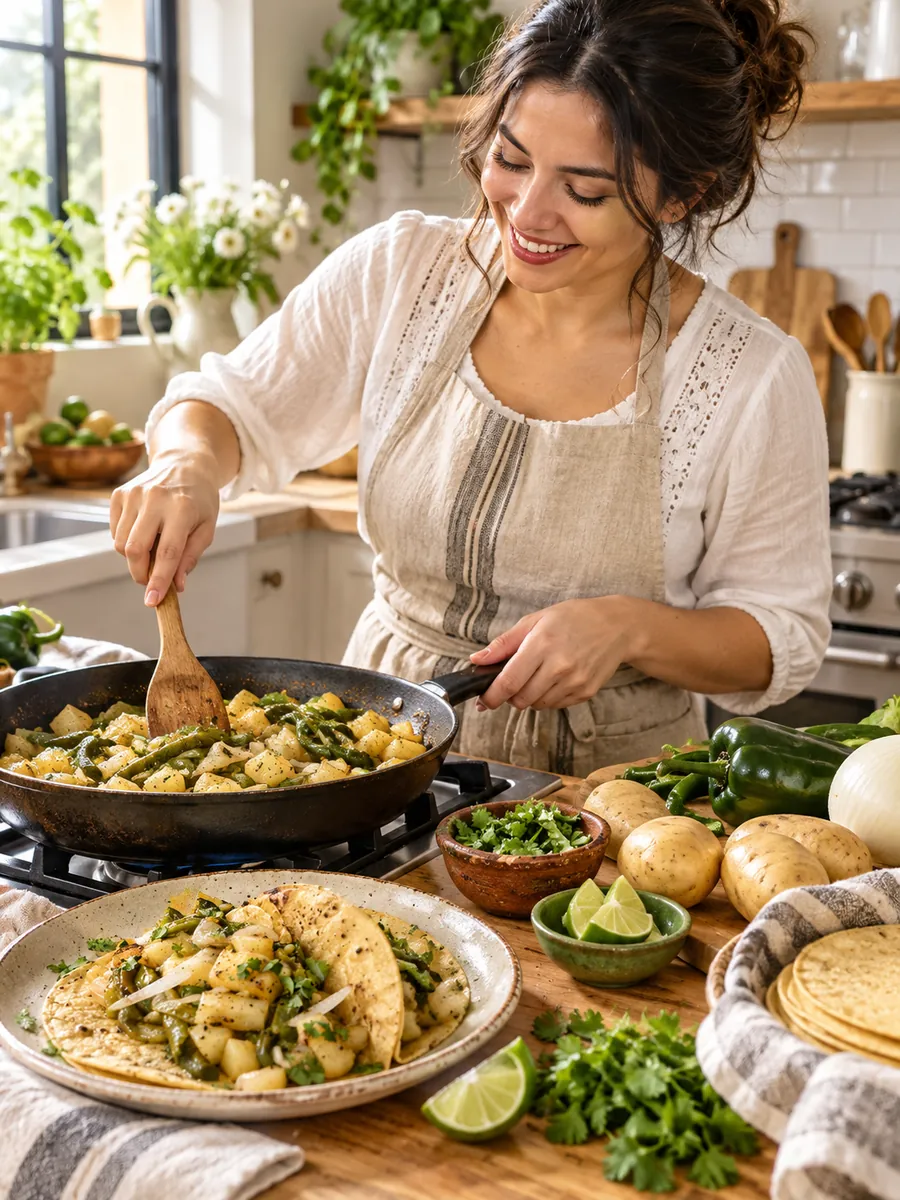 Mujer cocinando en una sartén en la cocina de su casa